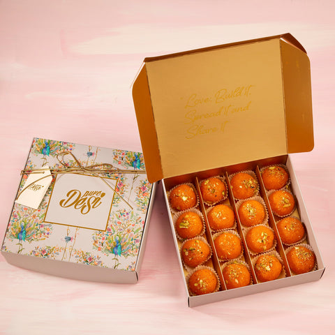 Kesar motichoor ladoo in a box
