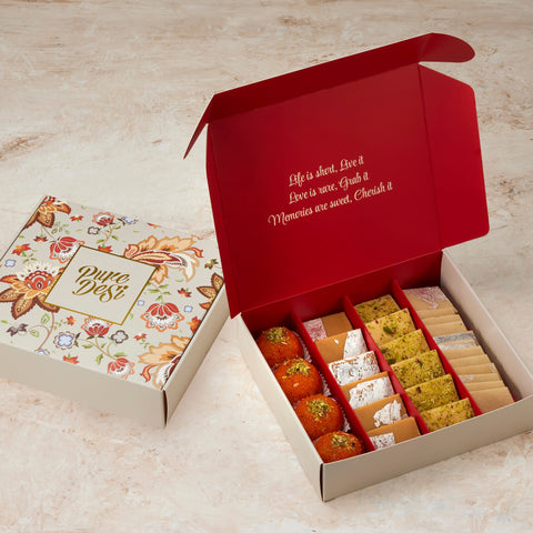 Large Classic Diwali Box open beside its closed floral gift box
