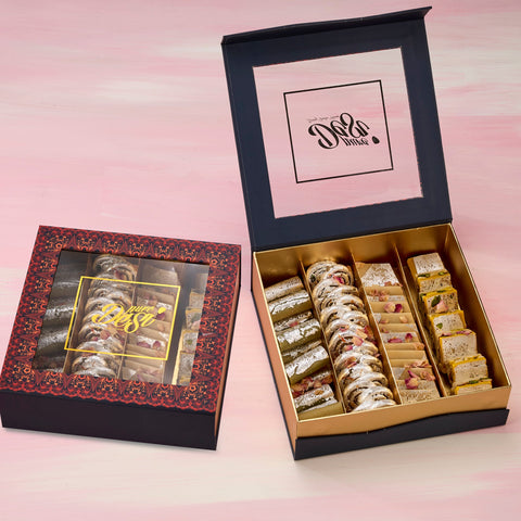 Royal Kaju box open beside its closed window-lid gift box