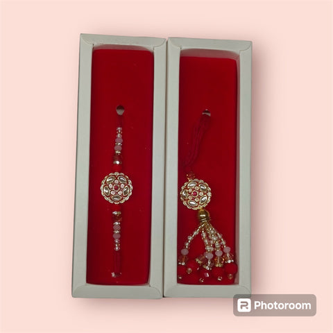 Bhaiya Bhabhi duo rakhi set with red minakari stone work