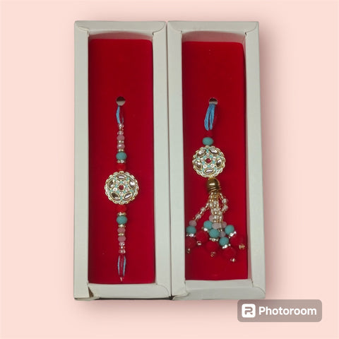 Bhaiya Bhabhi duo rakhi set with blue minakari stone work