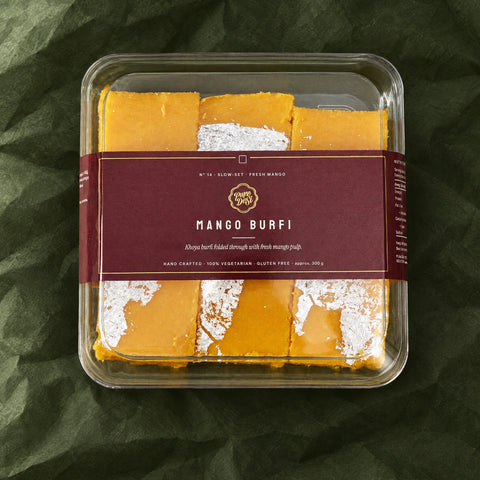 Mango Burfi in a clear box
