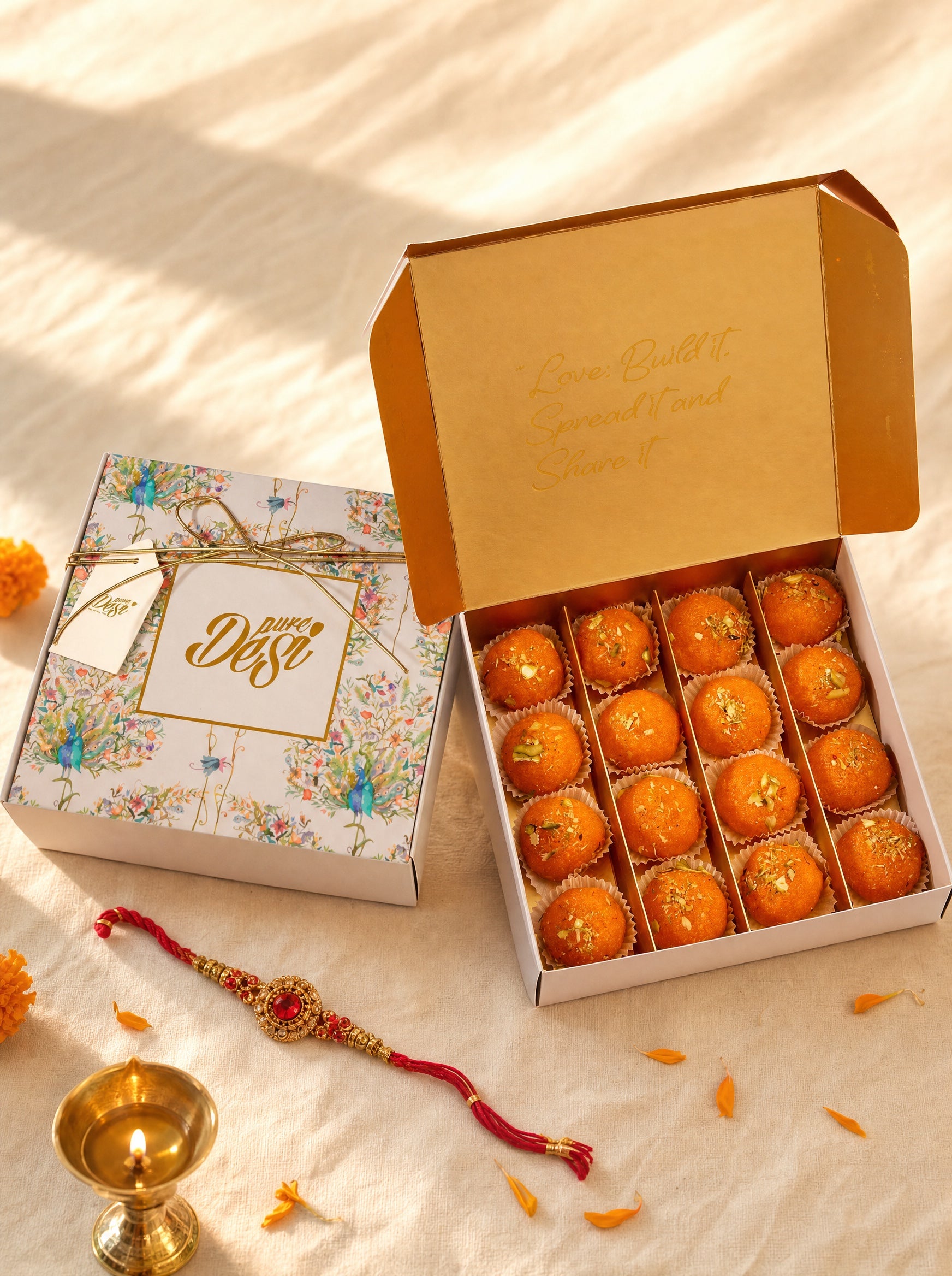 A Pure Desi kesar motichoor ladoo box on cream cloth beside a rakhi thread and a lit diya
