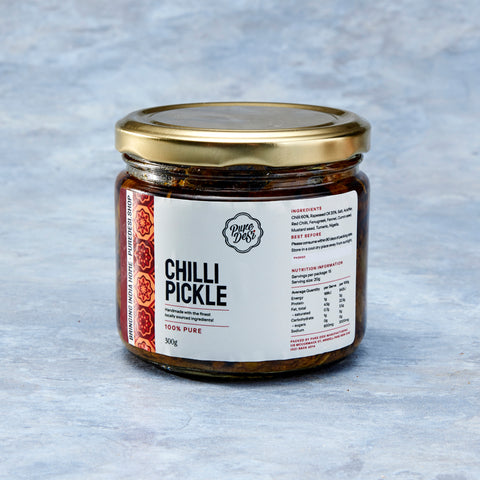 Pure Desi Chilli Pickle 300g glass jar with gold lid