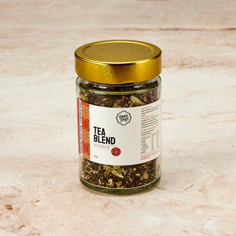 Pure Desi Tea Blend 125g glass jar with gold lid, small batch and gluten free